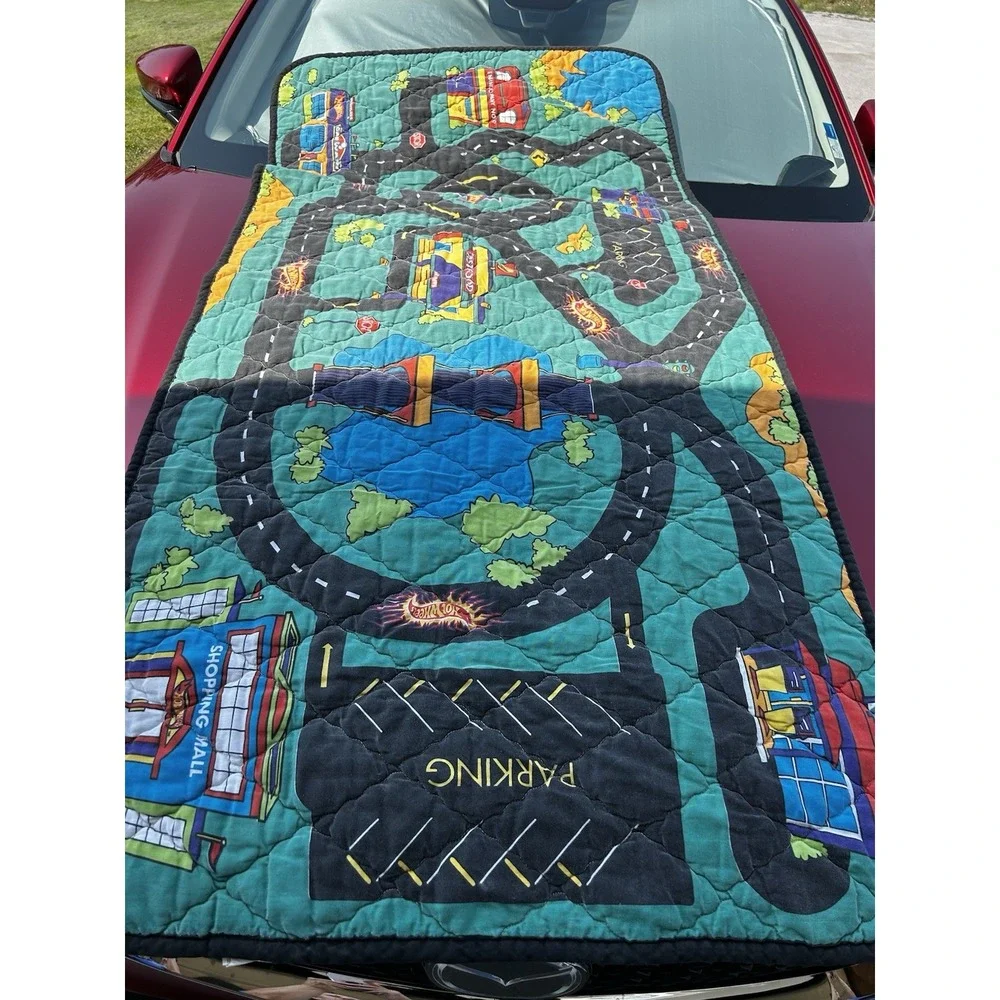 Vtg Hot Wheels Playmat Quilt 33x70 Poly Cotton Springs Industries Blanket Map